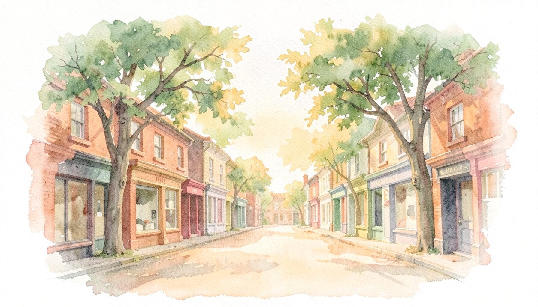 A soft watercolour painting of a charming village center with brick storefronts, leafy oak trees, and warm morning light in gentle greens, terracotta, and gold tones.